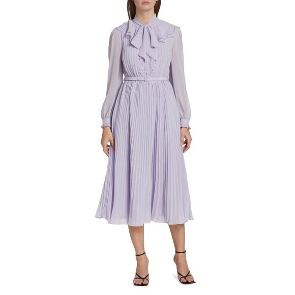 BURRYCO Dresses & Skirts - BURRYCO Lilac Chiffon with Lace Broderie Collar Midi-Dress Size 4 -NWT
